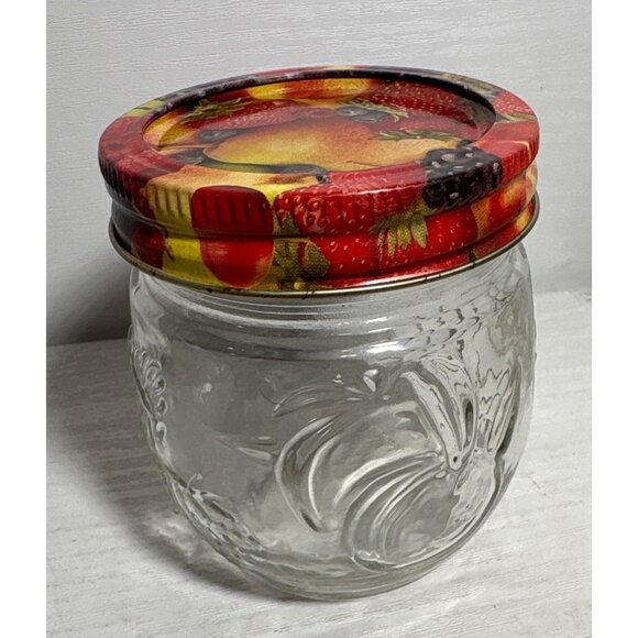 Small Glass Jar With Fruit Print Lid Embossed Fruit Design 3.5 Inches Tall  Jam - Picture 3 of 7